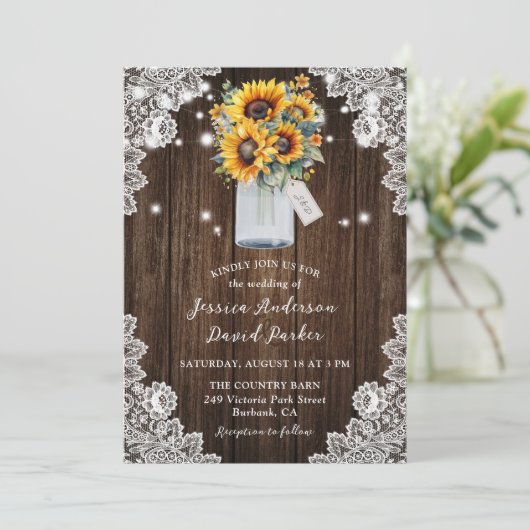 Rustic Wood Sunflower Mason Jar Wedding Kaart (Staand voorkant)