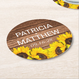 Rustic Wood Sunflower Personalized Wedding Favor Ronde Kartonnen Onderzetter