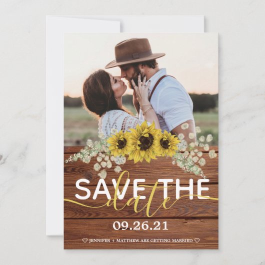 Rustic Wood Sunflower Save the Date Aankondiging (Voorkant)