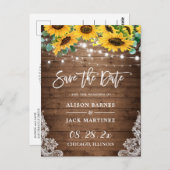 Rustic Wood Sunflower String Lights Save the Date Briefkaart (Voorkant / Achterkant)