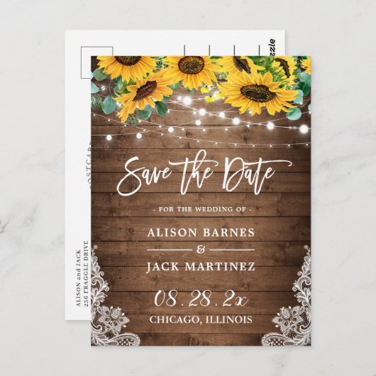 Rustic Wood Sunflower String Lights Save the Date Briefkaart (Voorkant / Achterkant)
