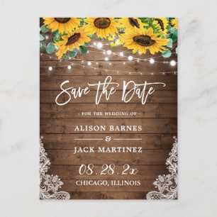 Rustic Wood Sunflower String Lights Save the Date Briefkaart