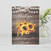 Rustic Wood Sunflower String Lights Wedding Bedankkaart (Staand voorkant)
