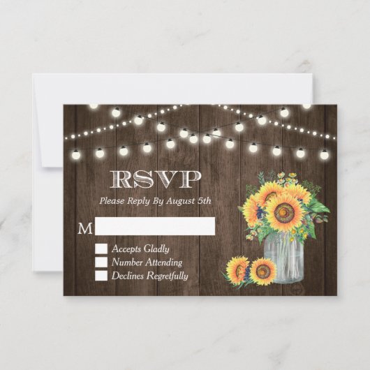 Rustic Wood Sunflower String Lights Wedding RSVP (Voorkant)
