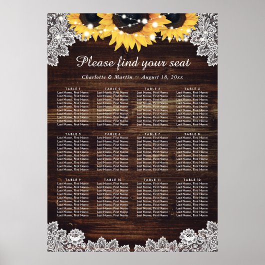 Rustic Wood Sunflower Wedding Seating Chart 12 Poster (Voorkant)