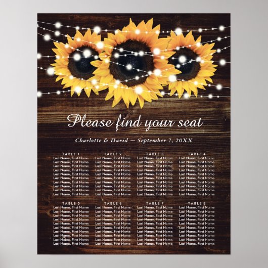 Rustic Wood Sunflower Wedding Seating Chart 8 Poster (Voorkant)