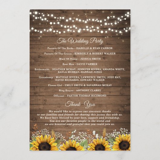 Rustic Wood Sunflower's Breath Wedding Programma (Achterkant)