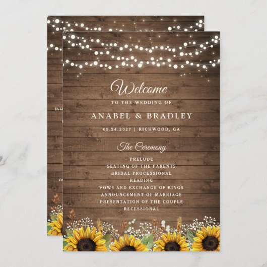 Rustic Wood Sunflower's Breath Wedding Programma (Voorkant / Achterkant)