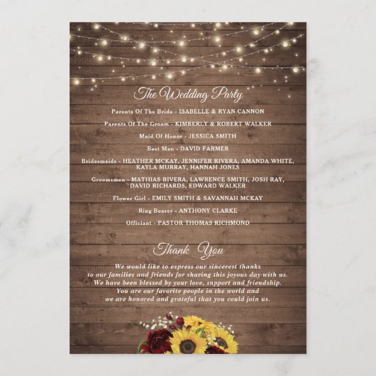 Rustic Wood Sunflowers Programme de mariage Bourgo (Dos)