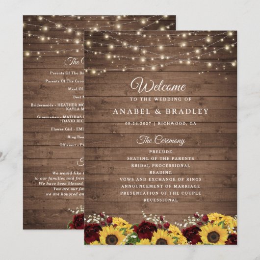 Rustic Wood Sunflowers Programme de mariage Bourgo (Devant / Derrière)