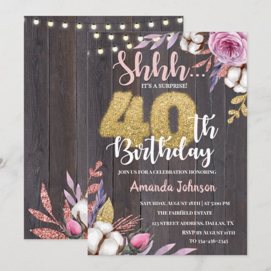 Rustic Wood Surprise 40th Birthday Invitation Kaart (Voorkant / Achterkant)