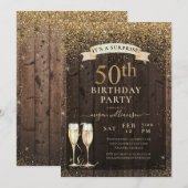 Rustic Wood Surprise 50th Gold Glitter Birthday Kaart (Voorkant / Achterkant)