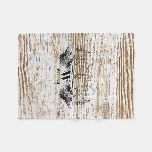 Rustic Wood Texture Deer Forest Monogram Fleece Deken (Voorkant (Horizontaal))