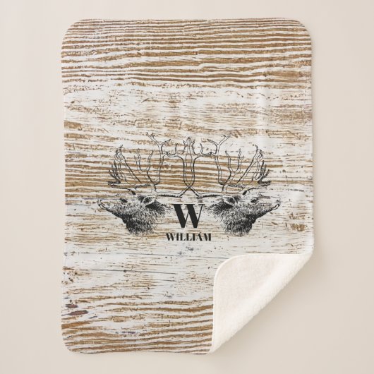 Rustic Wood Texture Deer Forest Monogram Sherpa Deken (Voorkant)