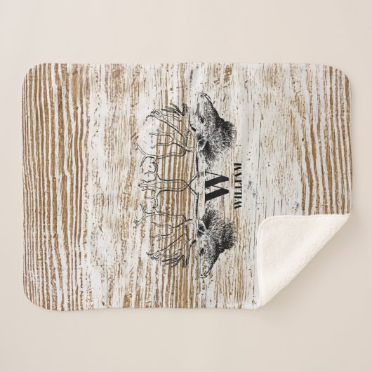 Rustic Wood Texture Deer Forest Monogram Sherpa Deken (Voorkant (horizontaal))