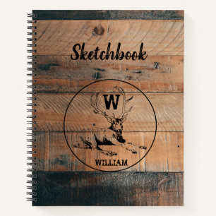 Rustic Wood Texture & Deer Monogram Sketchbook Notitieboek