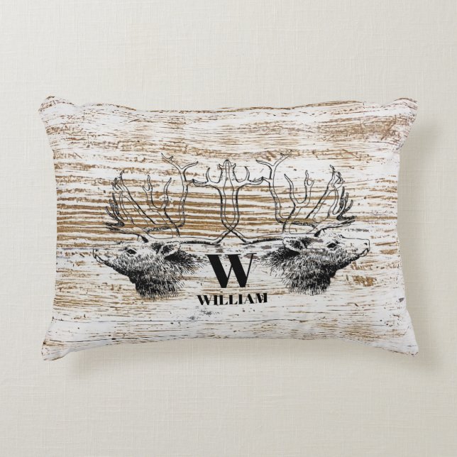 Rustic Wood Texture Deer Woodland Monogram Accent Kussen (Voorkant)