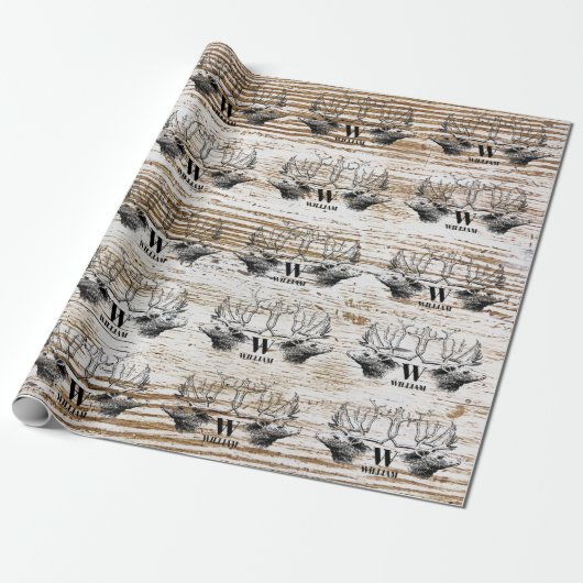 Rustic Wood Texture Deer Woodland Monogram Cadeaupapier (Uitgerold)