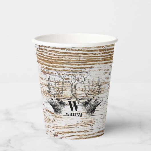 Rustic Wood Texture Deer Woodland Monogram Papieren Bekers (Voorkant)