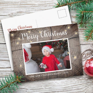 Rustic Wood Texture Fireflies kerstfoto Briefkaart