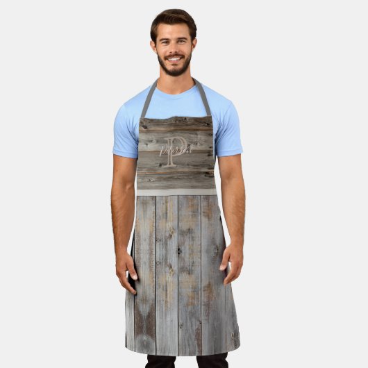 Rustic Wood Tone Monogram Grijs Schort (Gedragen)