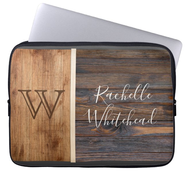 Rustic Wood Tone Monogram Laptop Sleeve (Voorkant)