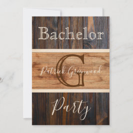 Rustic Wood Tone Monogram Stripe Bachelor Party Kaart