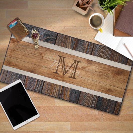 Rustic Wood Tone Monogram Stripe Bureaumat