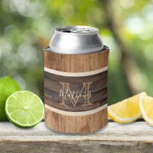 Rustic Wood Tone Monogram Stripe Koelbox