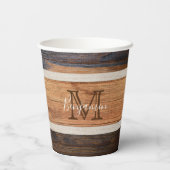 Rustic Wood Tone Monogram Stripe Papieren Bekers (Achterkant)