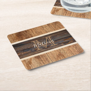 Rustic Wood Tone Monogram Stripe Vierkante Kartonnen Onderzetter