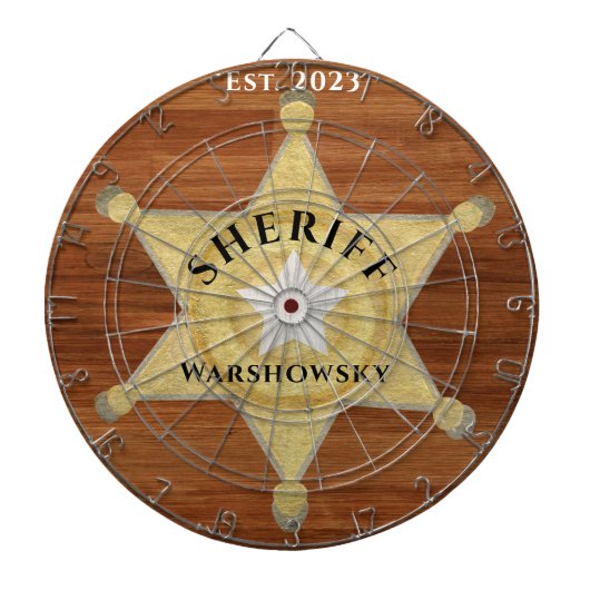 Rustic Wood tone Sheriff Badge Star, Browns Wood Dartbord (Voorkant)