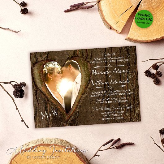 Rustic Wood Tree Heart Photo Wedding Kaart