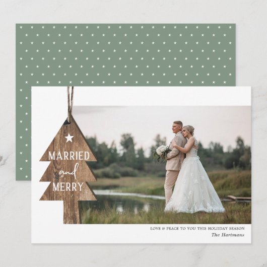 Rustic Wood Tree Ornament Married Kerstfoto Feestdagenkaart (Voorkant / Achterkant)