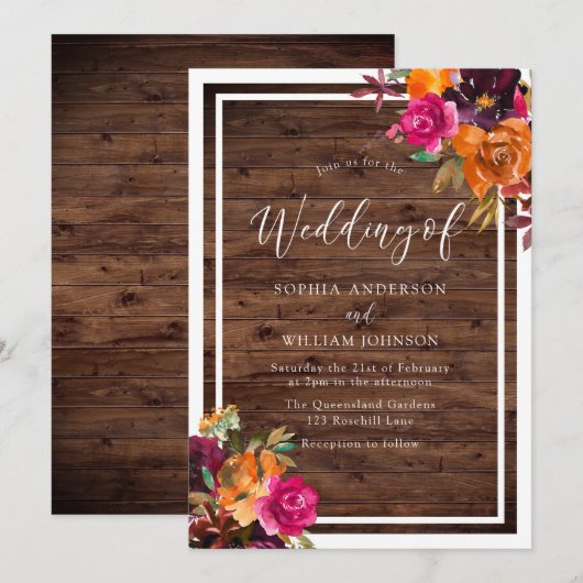 Rustic Wood Tropical Autumn Flowers Wedding Kaart (Voorkant / Achterkant)