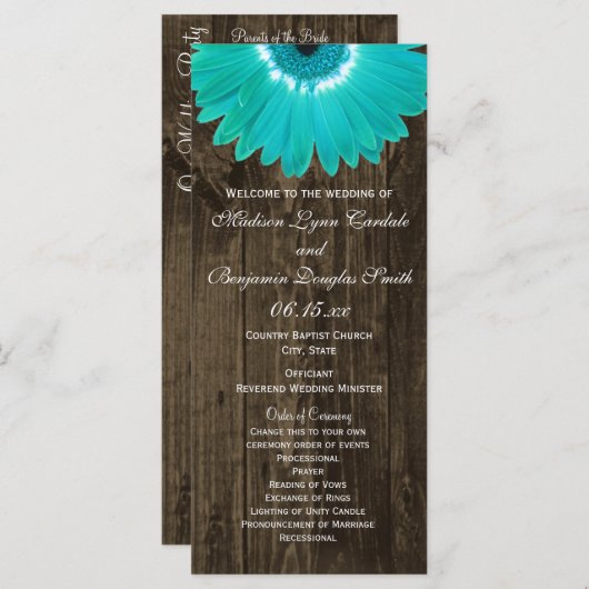 Rustic Wood Turquoise Gerber Daisy Programmes de m (Devant / Derrière)