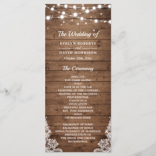 Rustic Wood Twinkle Lights Lace Wedding Programme (Devant)