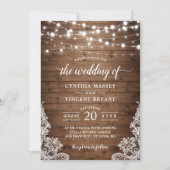 Rustic Wood Twinkle String Lights Lace Wedding Kaart (Voorkant)