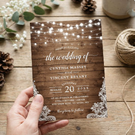 Rustic Wood Twinkle String Lights Lace Wedding Kaart