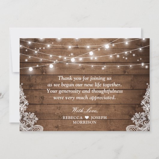 Rustic Wood Twinkles Light Lace Weduwfoto Bedankkaart (Achterkant)