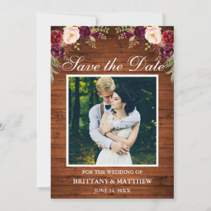 Rustic Wood Waterverf Burgundy Floral Foto Save The Date