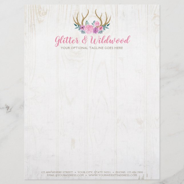 Rustic Wood & Waterverf Floral Antlers Boutique Briefhoofd (Voorkant)