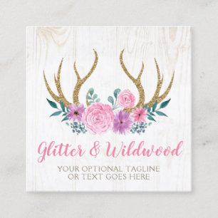 Rustic Wood & Waterverf Floral Antlers Boutique Vierkante Visitekaartje