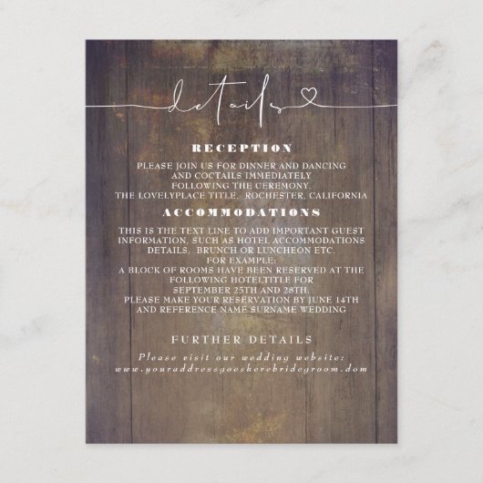 Rustic Wood Wedding Details Informatiekaartje (Voorkant)