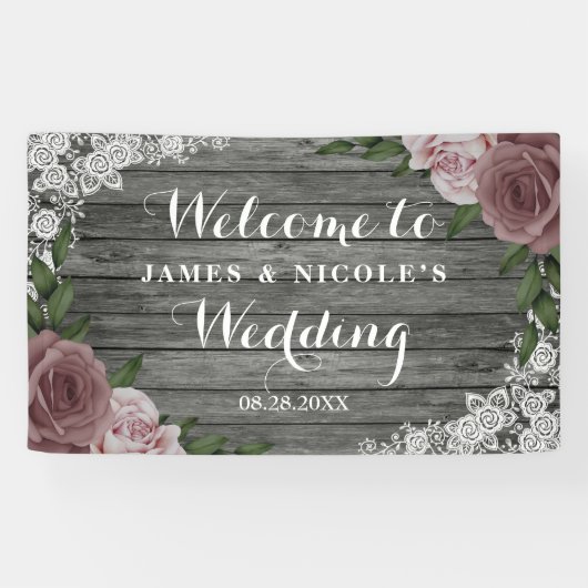 Rustic Wood Wedding Floral Pink Grey Backdrop Spandoek (Horizontaal)