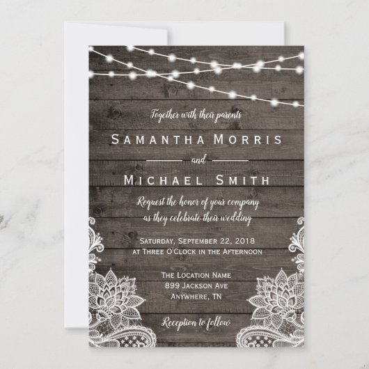Rustic Wood Wedding Invitation met String Lights Kaart (Voorkant)