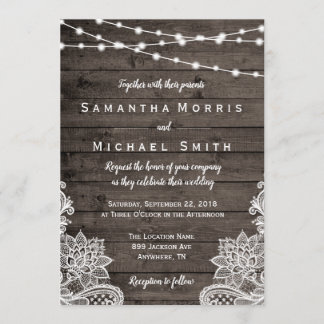 Rustic Wood Wedding Invitation met String Lights Kaart