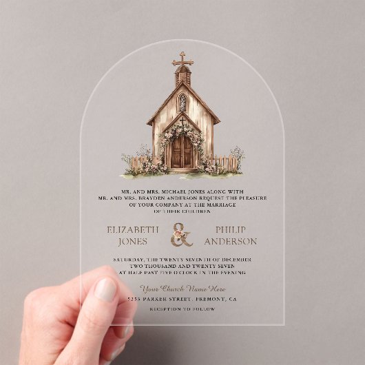 Rustic Wood Western Chapel Wedding Acryl Uitnodigingen (Insitu (Draagbaar))