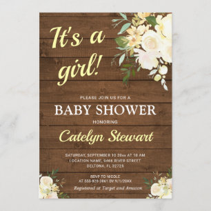 Rustic Wood White Floral Yellow Girl Baby shower Kaart