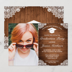 Rustic Wood & White Lace Afstuderen Foto Invitati Kaart